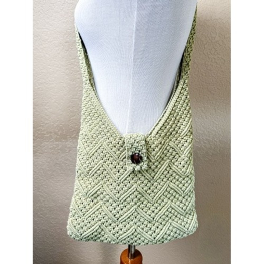 O.I.S Scandinavian Easywear Sage Green Crochet Knit Chevron‎ Crossbody Hobo Bag
